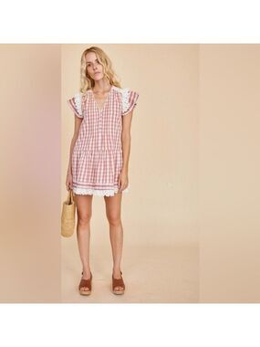 Hunter Bell Virginia Gingham Check Flutter Sleeve Mini Dress SZ L Rosette Check